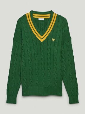 Aritzia Tna Clay Sweater Green Cable-Knit V-Neck Sweater with Yellow Trim Sz L